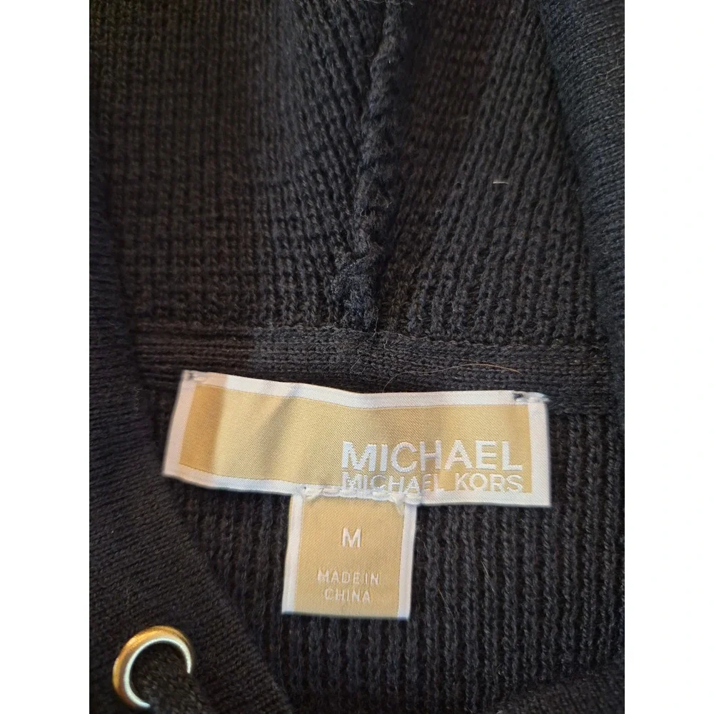 Michael Kors Black Waffle Knit Hoodie Gold Logo Pullover Cropped Sweater Medium